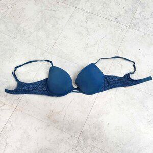 Victoria's Secret 34C Padded Plunge Push Up Bra Blue with Lace Detail